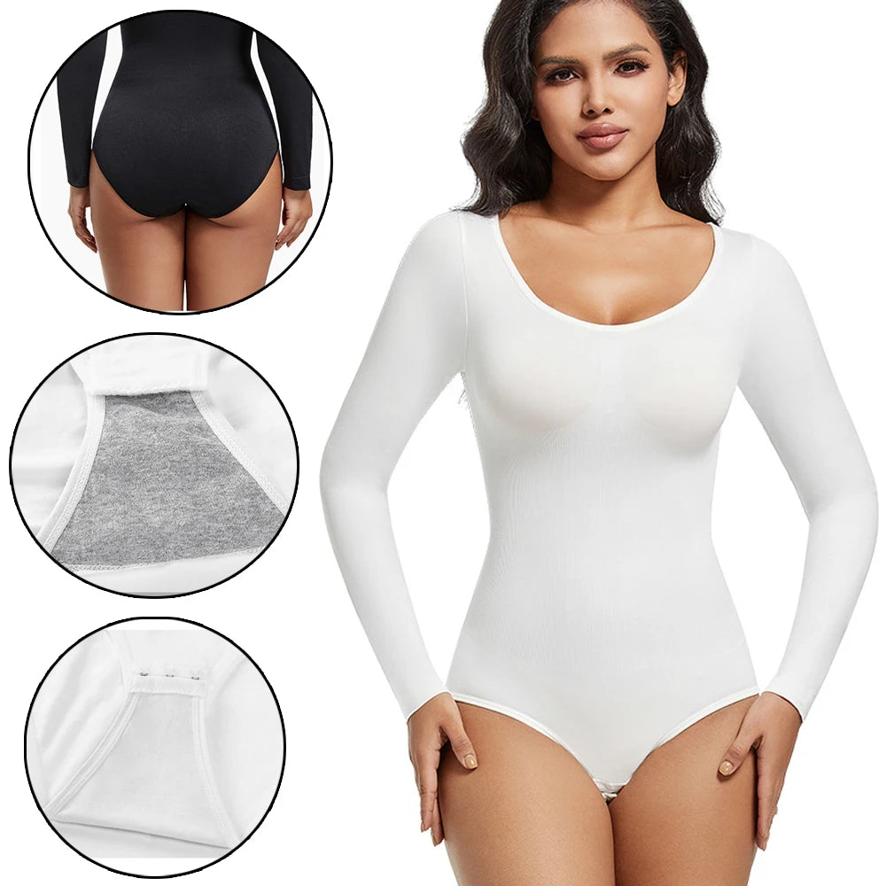 Women’s body shapewear bodysuit with tummy control, hooks, and crotch closure for abdomen shaping