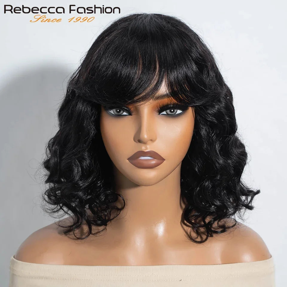 Short body wave bob wig by HSF Marketplace featuring natural Remy Brazilian human hair with bangs and ombre color.