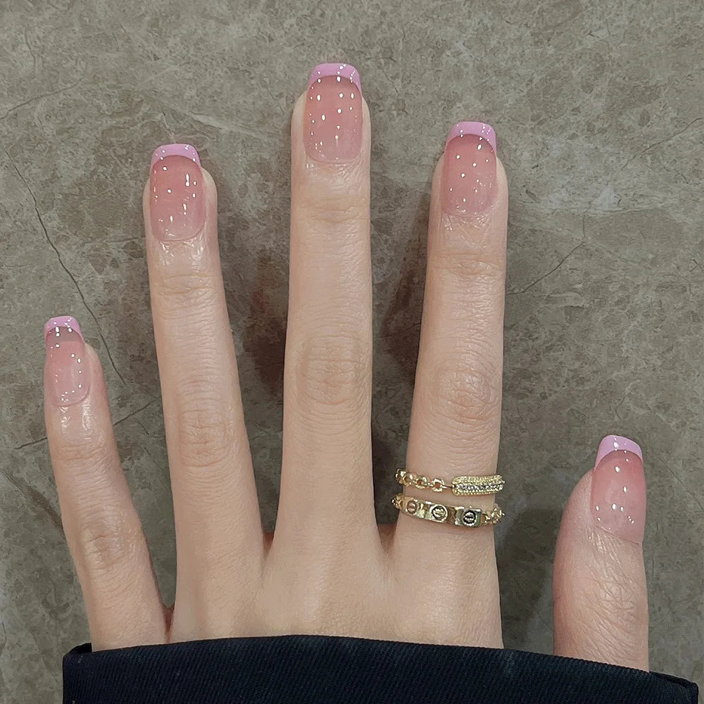 24pcs cute girly short square press-on false nails with white French tips, glitter stars, rhinestones, bows and cat-eye accents
