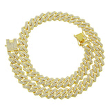 Men's Cuban link chain necklace with rhinestones, 14mm width, iced out rapper style jewelry with CZ stones, perfect for hip hop fashion.