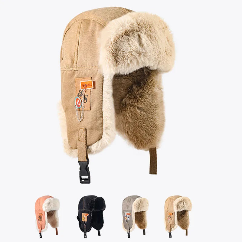 Black and grey thick warm Russian ushanka bomber hat with fur earflaps for women and men skiing in winter