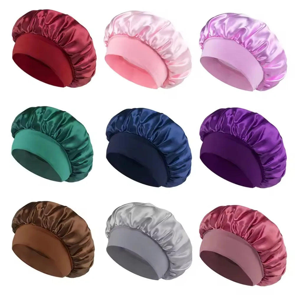 Satin bonnet sleep cap for curly hair by HSF Marketplace, shown in a close-up product view