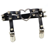 Women’s PU leather thigh garter leg ring with heart rivets, spikes, and elastic punk goth harness design