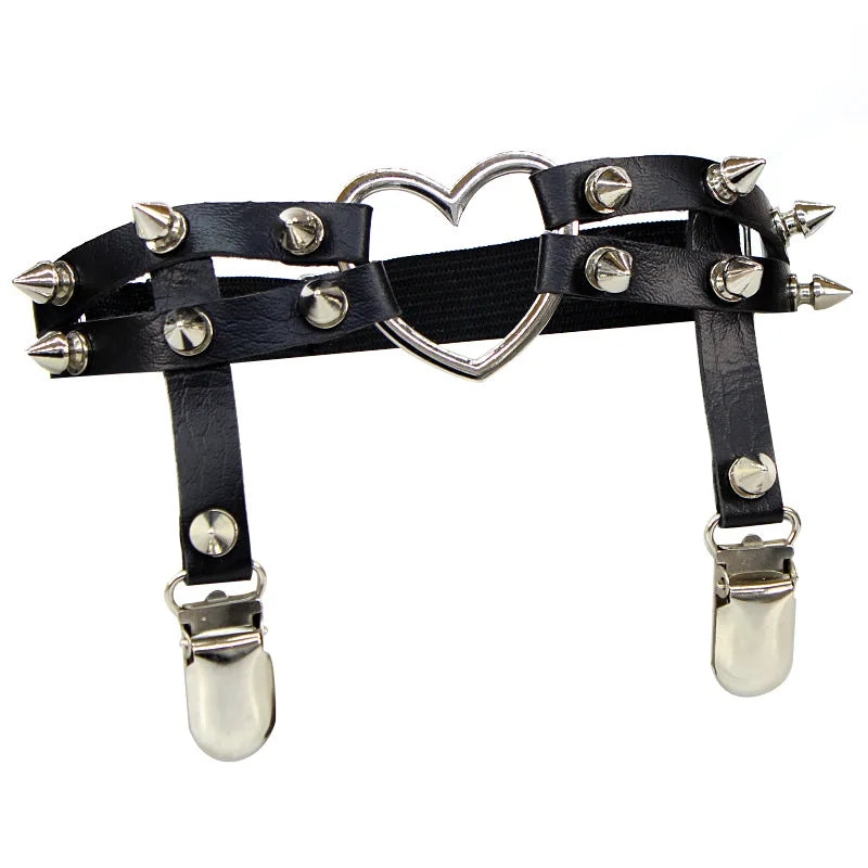 Women’s PU leather thigh garter leg ring with heart rivets, spikes, and elastic punk goth harness design