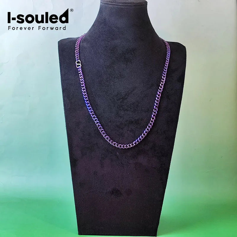 Grade 1 Titanium Chain Necklace 7mm Cuban Link, Hypoallergenic Anodized Purple Blue Necklace for Sensitive Skin