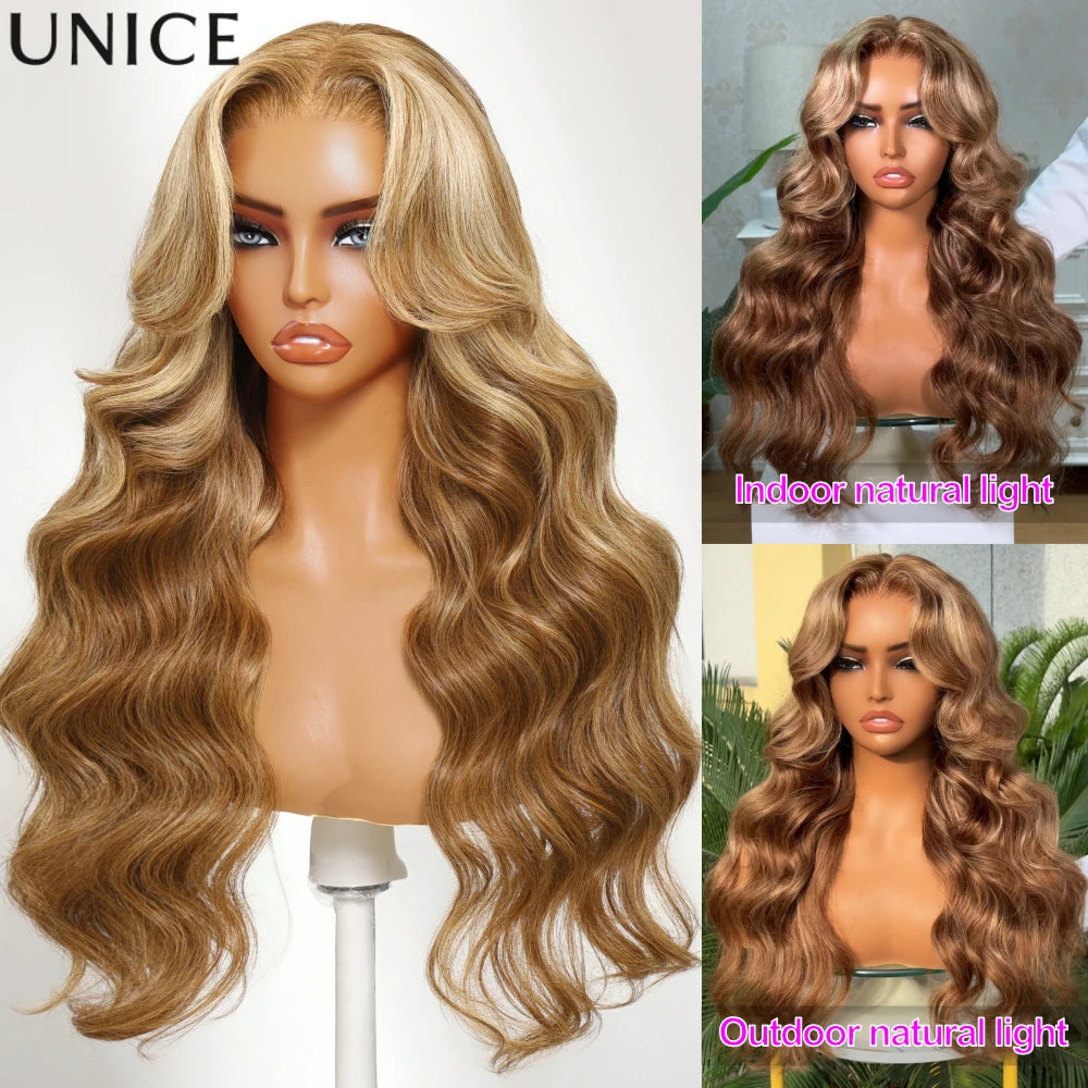Honey blonde body wave lace closure human hair wig with loose waves and natural-looking parting by HSF Marketplace