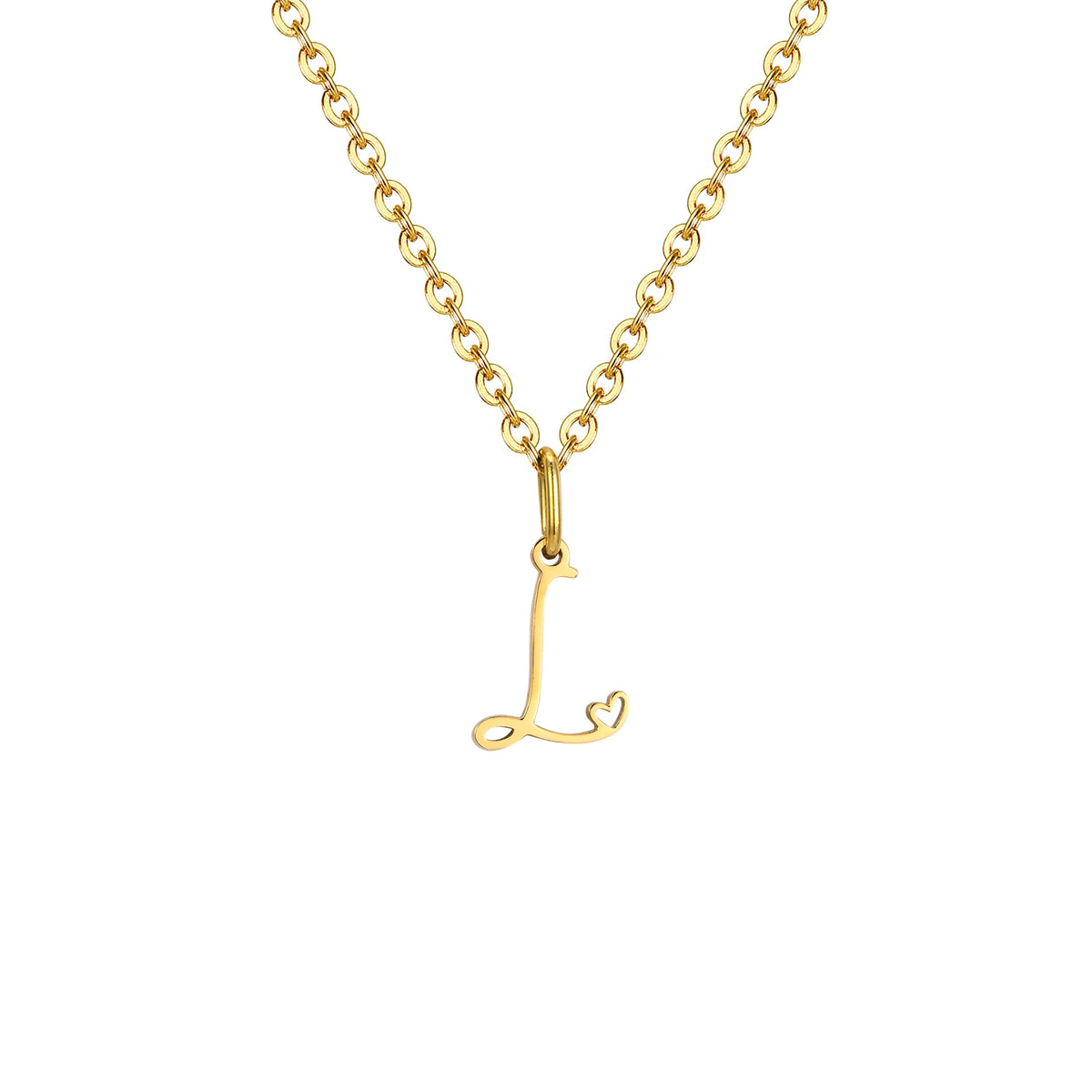 Gold plated dainty heart initial necklace for women with A-Z letter pendant, waterproof stainless steel monogram jewelry.