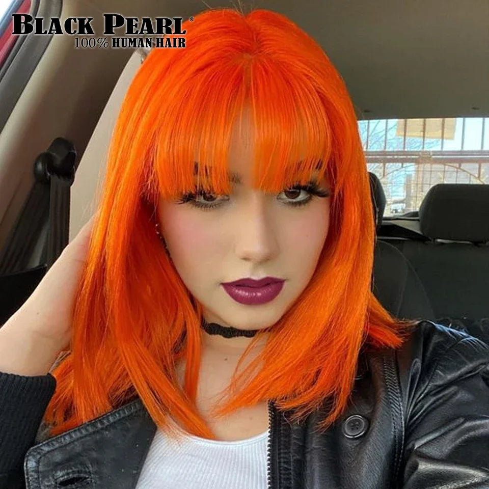 99J Brazilian human hair straight bob wig with bangs, short orange-blonde cut by Rebecca