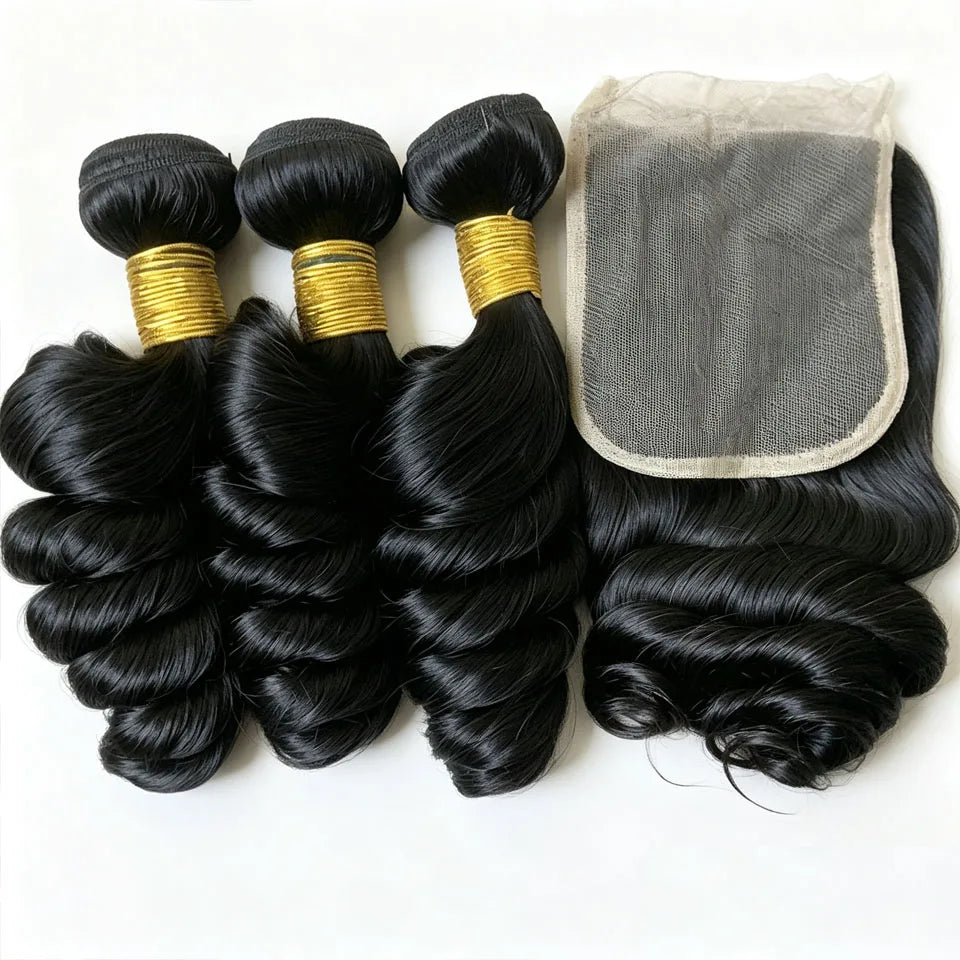 Loose Wave Bundles With HD Lace Frontal 13X4 Indian Virgin Human Hair 3/4 Bundles With Closure Raw Hair 4X4 Closure With Bundles