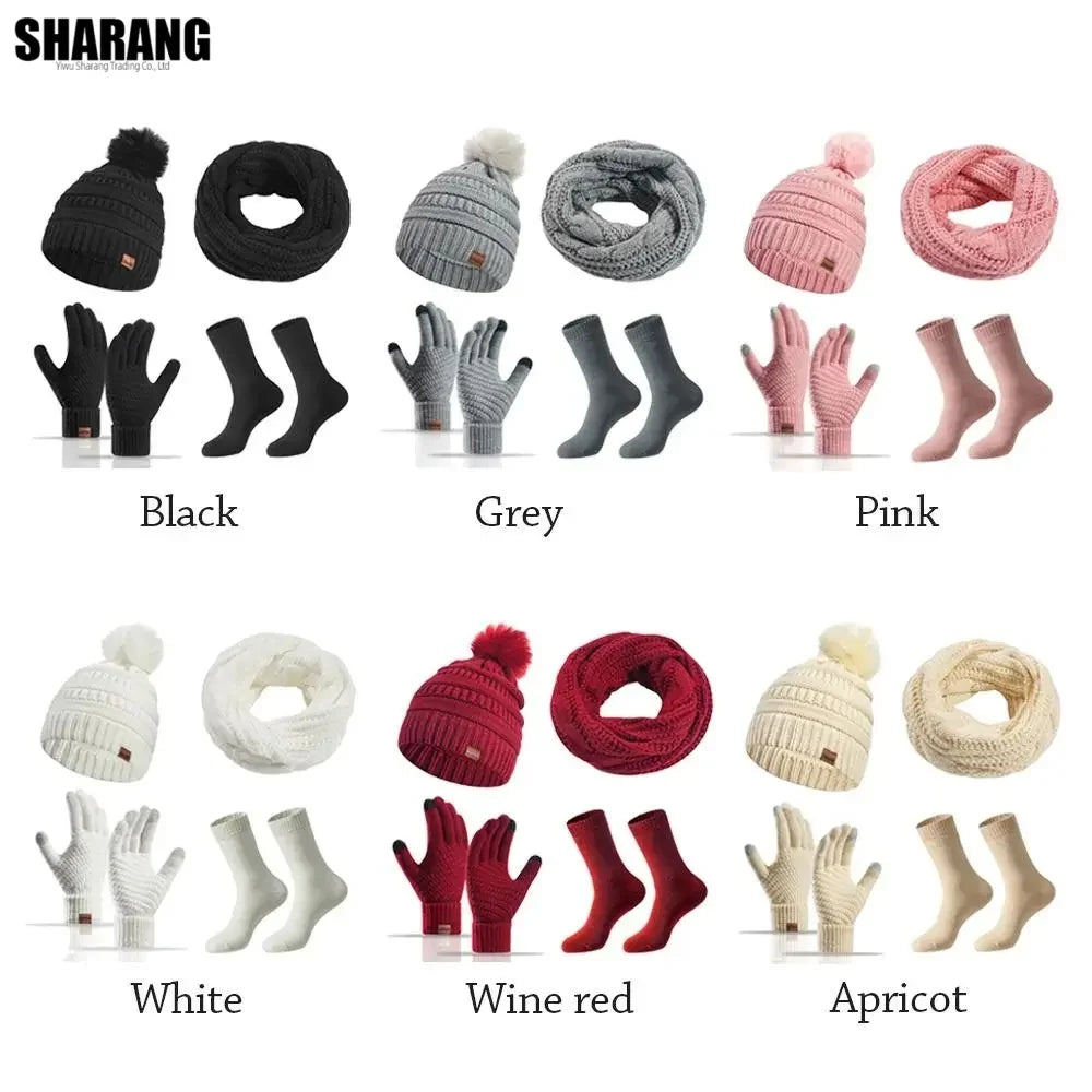 Women’s warm winter hat, scarf, and gloves set in a coordinated cold-weather design
