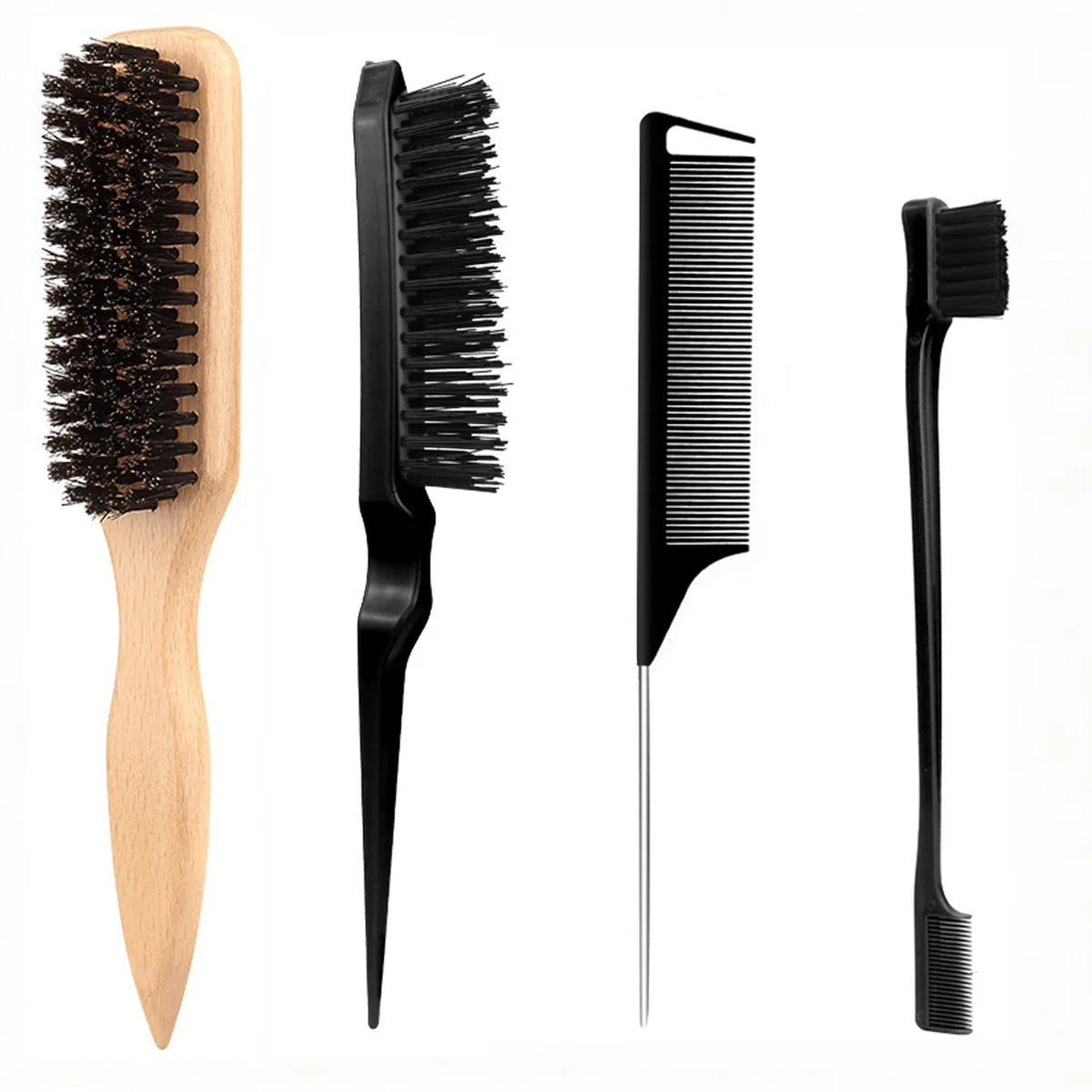 4pcs Bristle Slick Back Hair Brush for Sleek Ponytail Bun & Smoothing Baby Hairs, Flyaways, Edge Control - Backcombing & Teasing