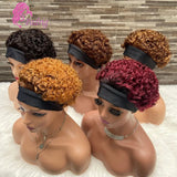 Colored curly pixie cut human hair headband wig, full machine-made Brazilian virgin hair wig for women