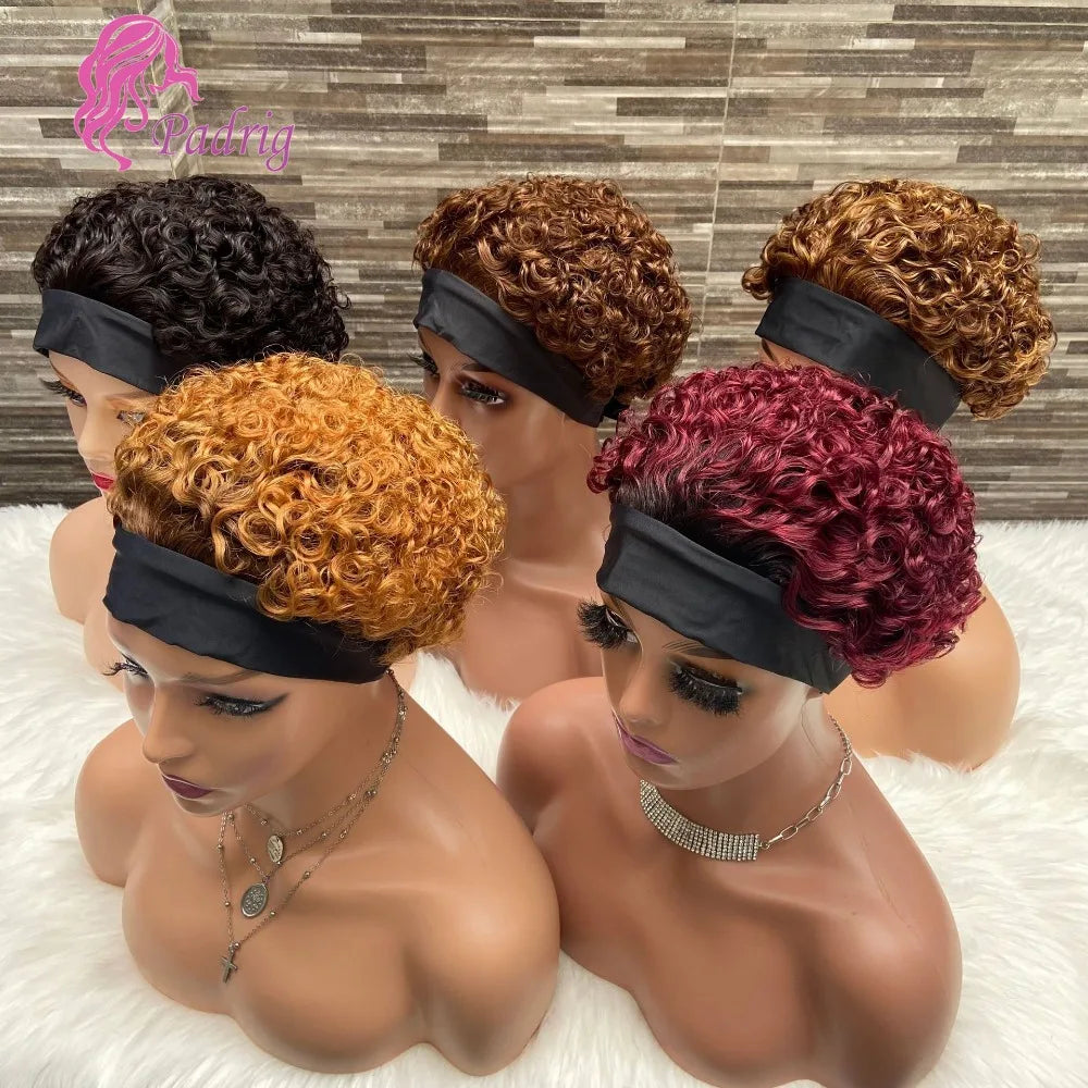 Colored curly pixie cut human hair headband wig, full machine-made Brazilian virgin hair wig for women