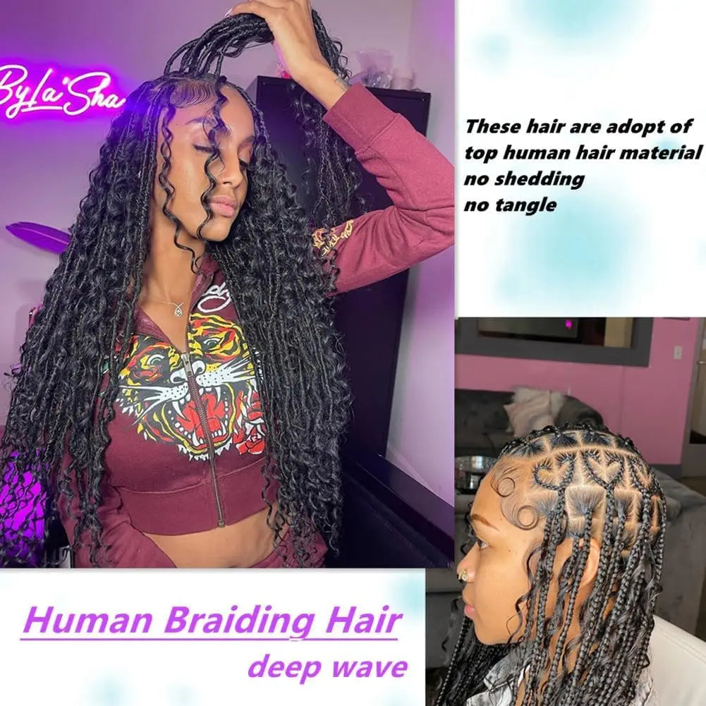 Deep Wave 1B Human Hair Bulk No Weft Curly Braiding Hair Extensions, Soft Real Human Hair Bulk For Making Knotless Boho Braids Various Fashion Braided Hairstyles For Ladies