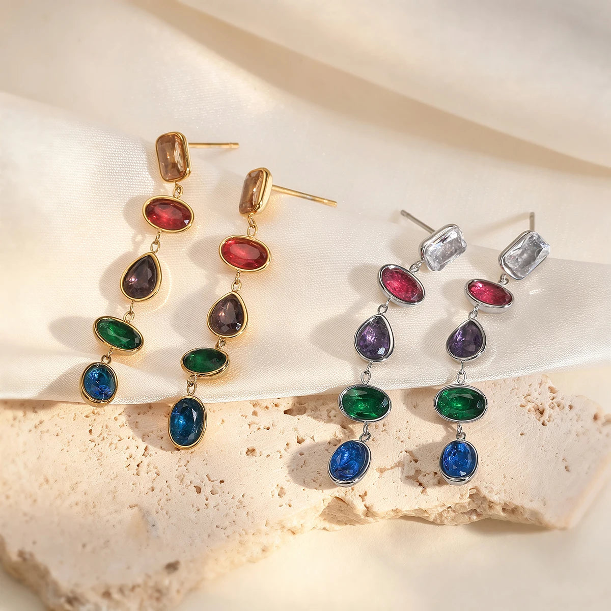 Stainless steel dangle earrings with colorful CZ crystals for women, HSF Marketplace jewelry