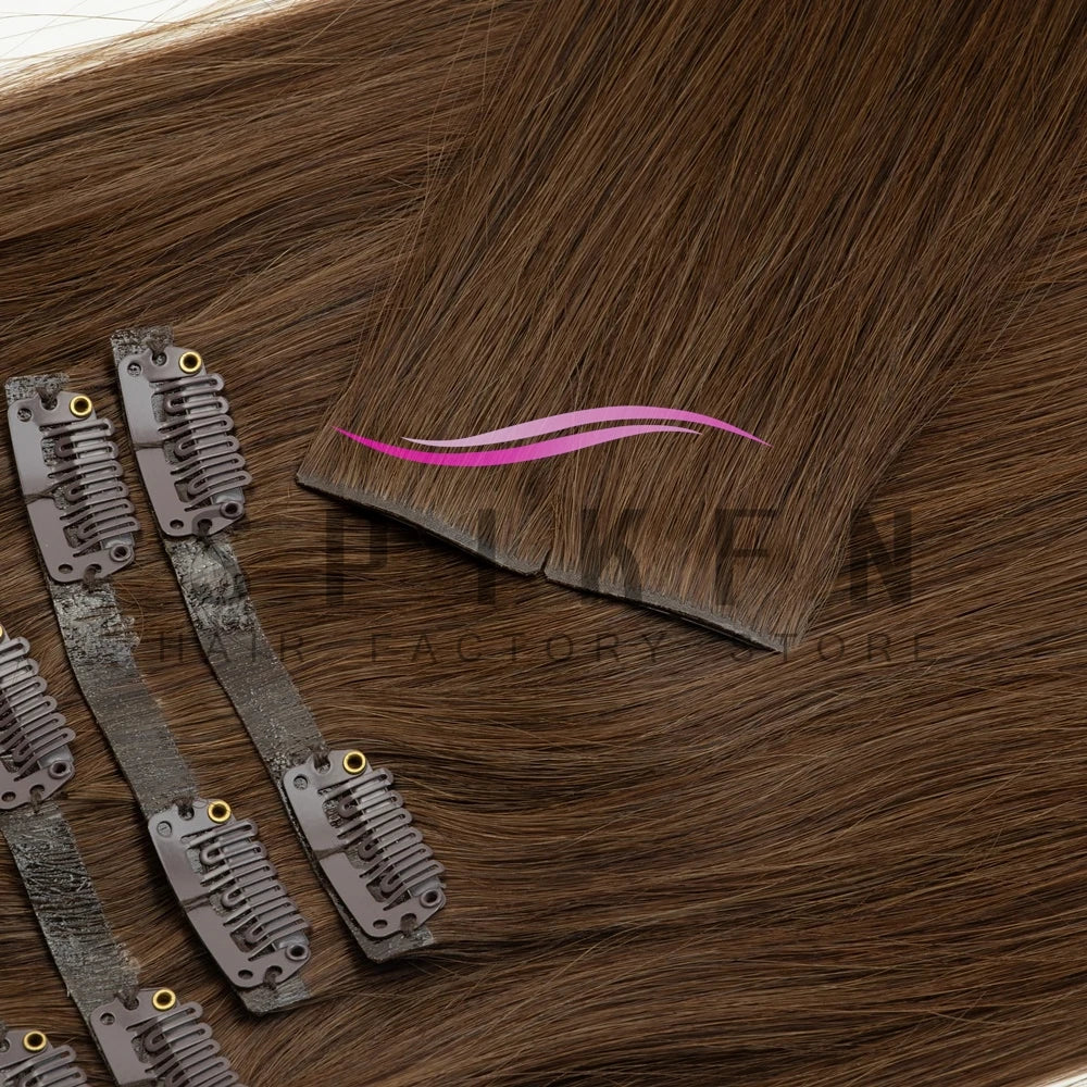 Chocolate brown straight human hair clip-in extensions, 7-piece PU clip set by HSF Marketplace
