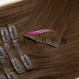 Chocolate brown straight human hair clip-in extensions, 7-piece PU clip set by HSF Marketplace