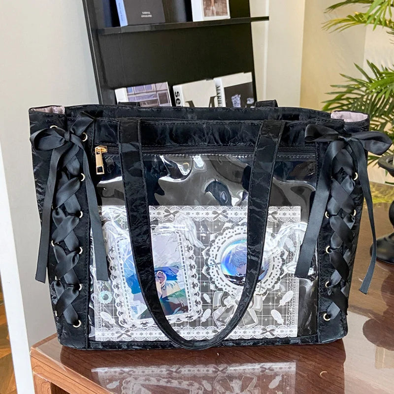 Transparent Japanese Ita Bag by HSF Marketplace, large capacity Lolita girl tote with crossbody style and casual design.
