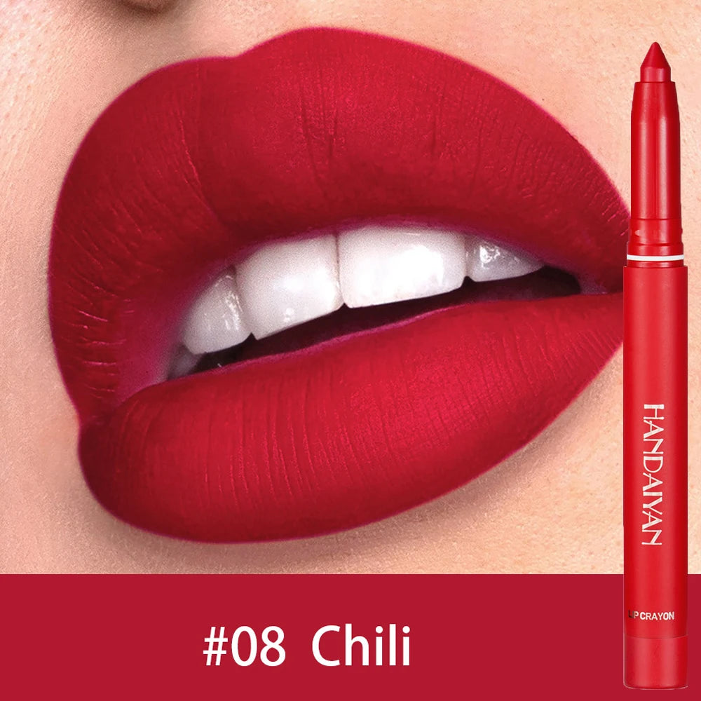 Cherry red matte lipstick and nude pink lip liner pencil from HSF Marketplace, with lips outlined and contoured for a natural look.