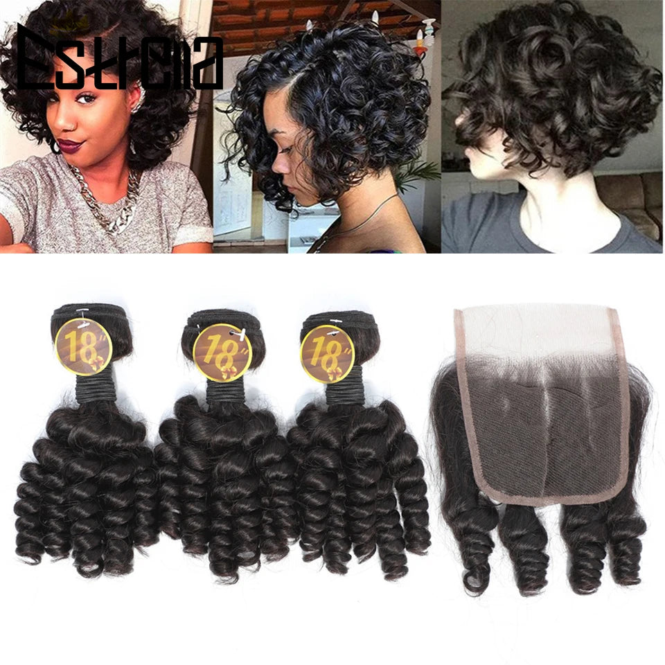 Brazilian Bouncy Curly Hair With Closure Human Hair 3 Bundles With 4×4 Closure Natural Color Funmi Hair Bundles With Closure