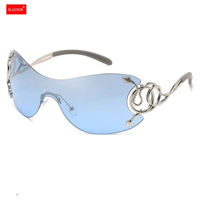 Y2k rimless sunglasses for women with stylish snake design, metal legs, gradient lenses, wrap-around punk fashion by HSF Marketplace