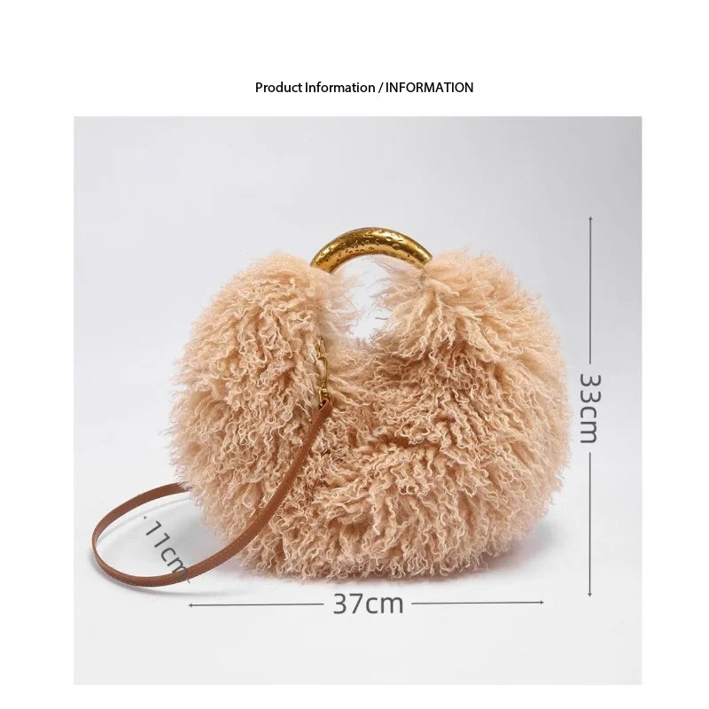 Hufflepuff-inspired Spice Girl plush women's shoulder bag with furry texture, casual versatile handbag with elegant handle, black color.