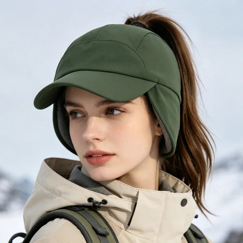 HSF Marketplace women’s winter baseball cap with ear flaps, fleece lining, ponytail opening, and adjustable fit
