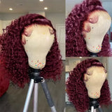 99J burgundy short bob human hair water wave 13x4 lace front wig, wine red deep curly style for women
