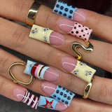 HSF Marketplace pink and black long coffin press-on nails with French polka dot and striped design