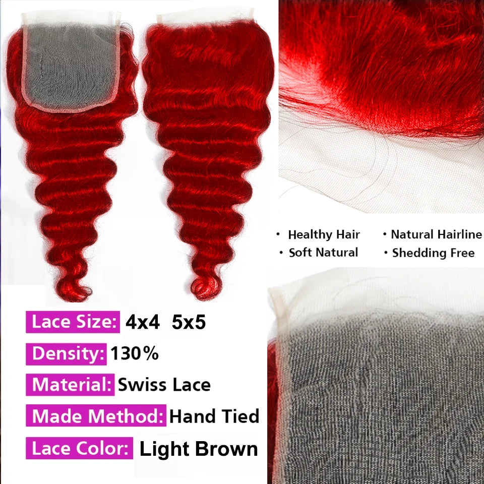 Real Pictures Hot Red Loose Deep Wave Bundles with HD Closure &Frontal Wholesale 10-30 Inch Raw Human Hair Bundles With Closure