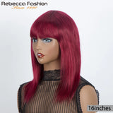 180D 8-28" ginger straight human hair wig with bangs, full machine-made wig for women, #Burg Orange Natural