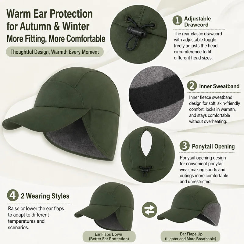 Women's winter baseball cap with ear flaps, ponytail opening, adjustable fit, and fleece lining for outdoor sports