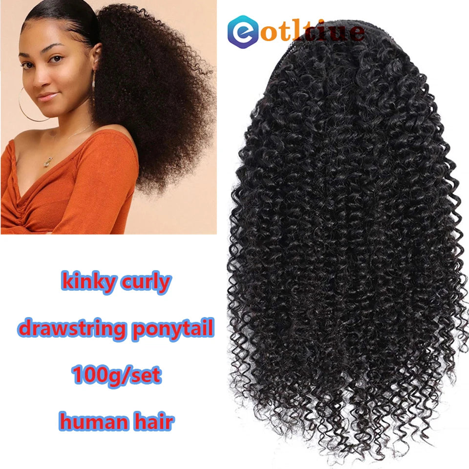 Kinky curly Brazilian real human hair drawstring puff ponytail extension, clip-in African American style