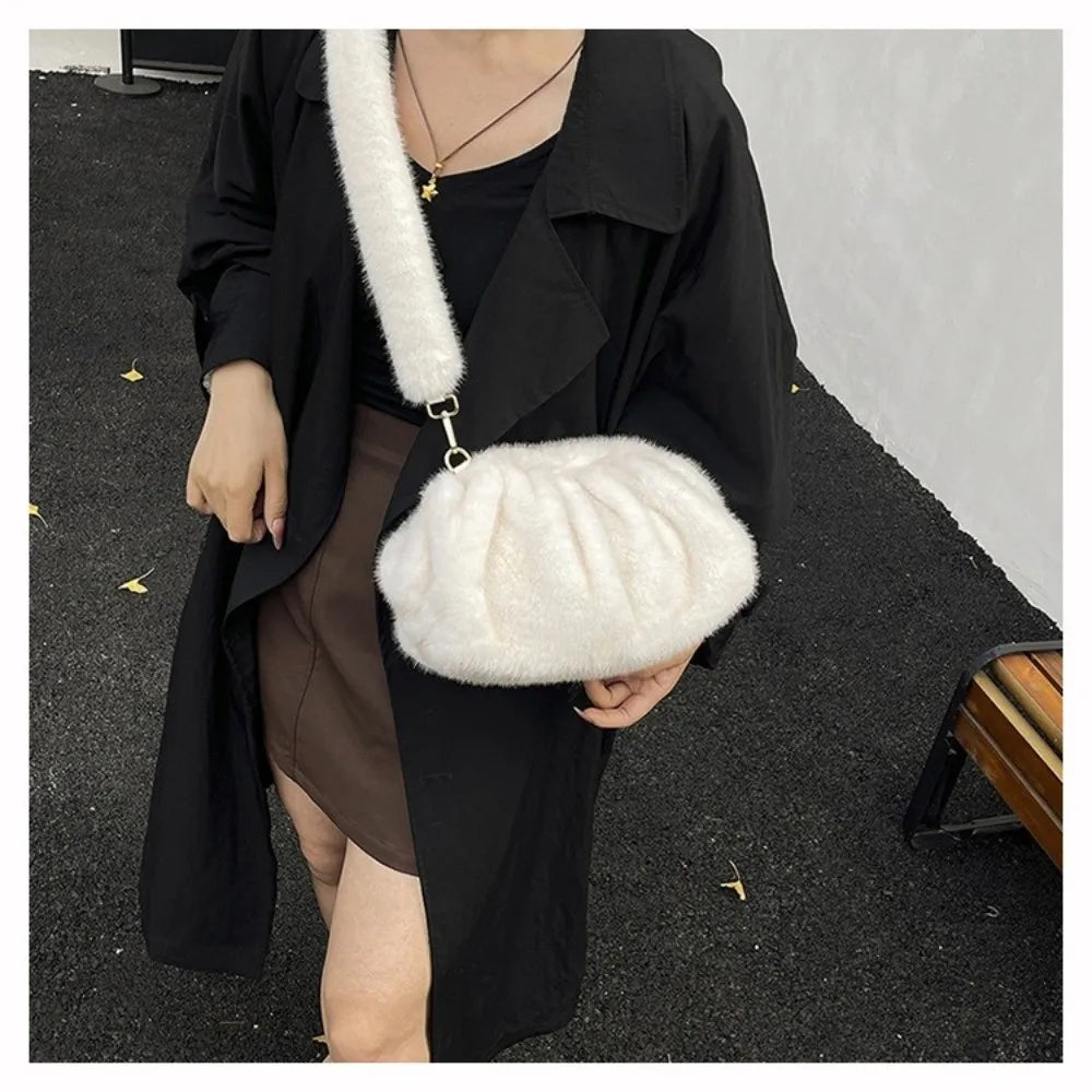 Large capacity HSF Marketplace crossbody bag with relaxed wrinkle texture mink fur, solid color women's handbag, shoulder purse