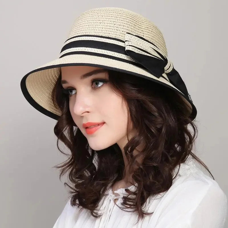 Muchique women's straw boater hat with wide brim and casual bow for summer beach travel