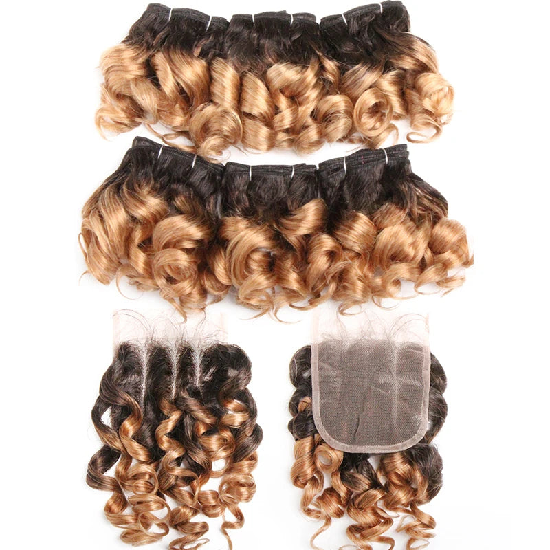 Bouncy Curly Human Hair Bundles With Closure Brazilian Remy Unprocessed Human Hair Wavy Doule Drawn Bundles Weave Extensions