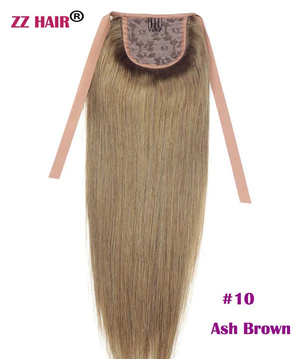 ZZHAIR Brazilian Remy human hair ribbon ponytail extension, 16–20 inch natural straight horsetail clip-in, 60g