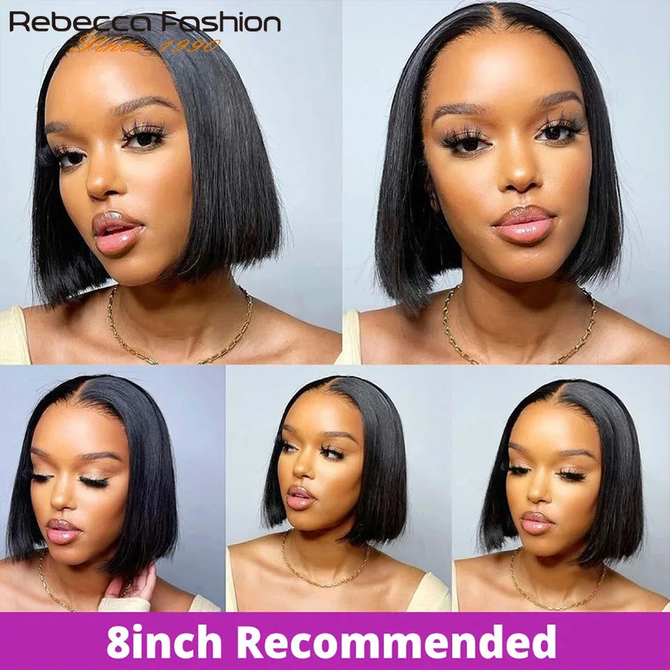 Rebecca black bob wig by HSF Marketplace featuring straight human hair, reddish brown color, lace front, and T part for women.