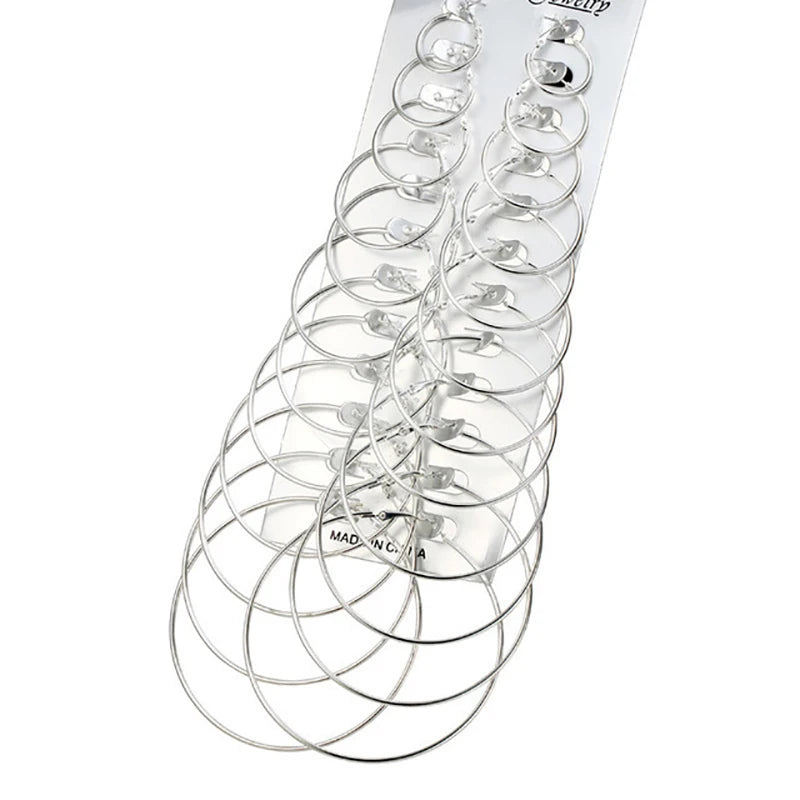 Set of 12 or 6 pairs of simple punk hoop earrings, large round jewelry for women and girls featuring oversized ear hoops.