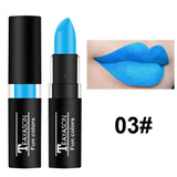 Assorted waterproof lipstick shades including red, purple, green, and blue in matte finish, displayed in a makeup collection.
