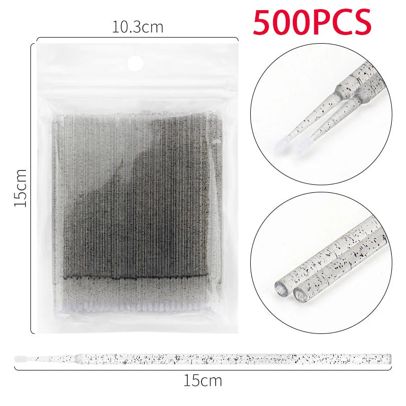 Set of 500/1000 micro brushes for eyelash extensions, crystal swabs, and grafting tools for lash application and removal.