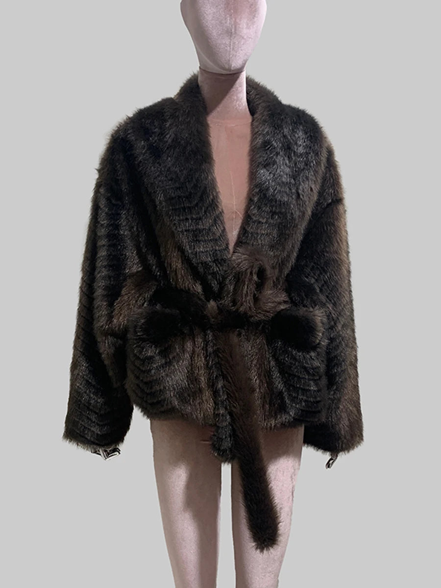 Women's dark brown gradient faux mink fur coat with oversized fit, shawl collar, and sash belt by Nerazzurri