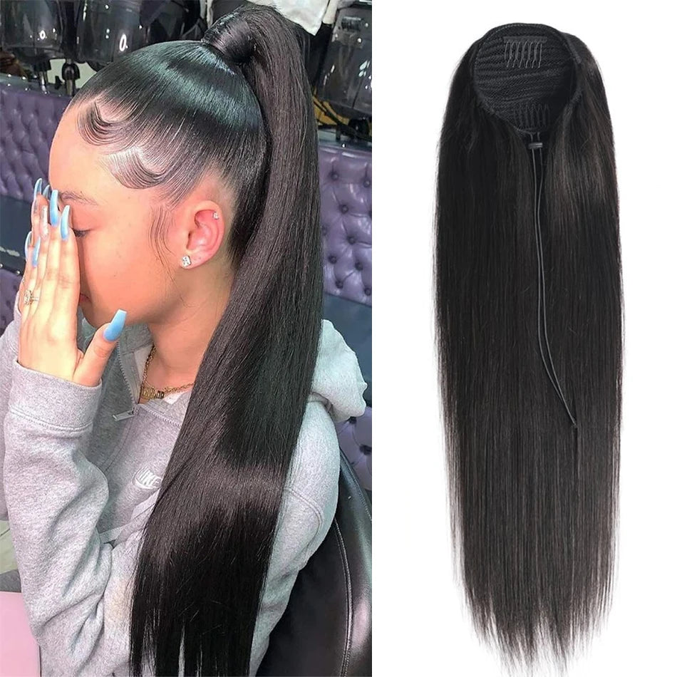 Human Hair Kinky Straight Drawstring Ponytail Extension, Yaki Straight Clip-In, 12–24 Inch for Black Women