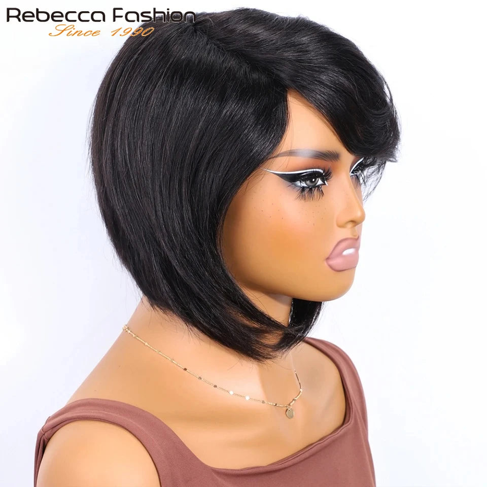 Rebecca Brazilian short straight bob human hair wig with bangs, side part, full machine-made, for Black women, by HSF Marketplace.
