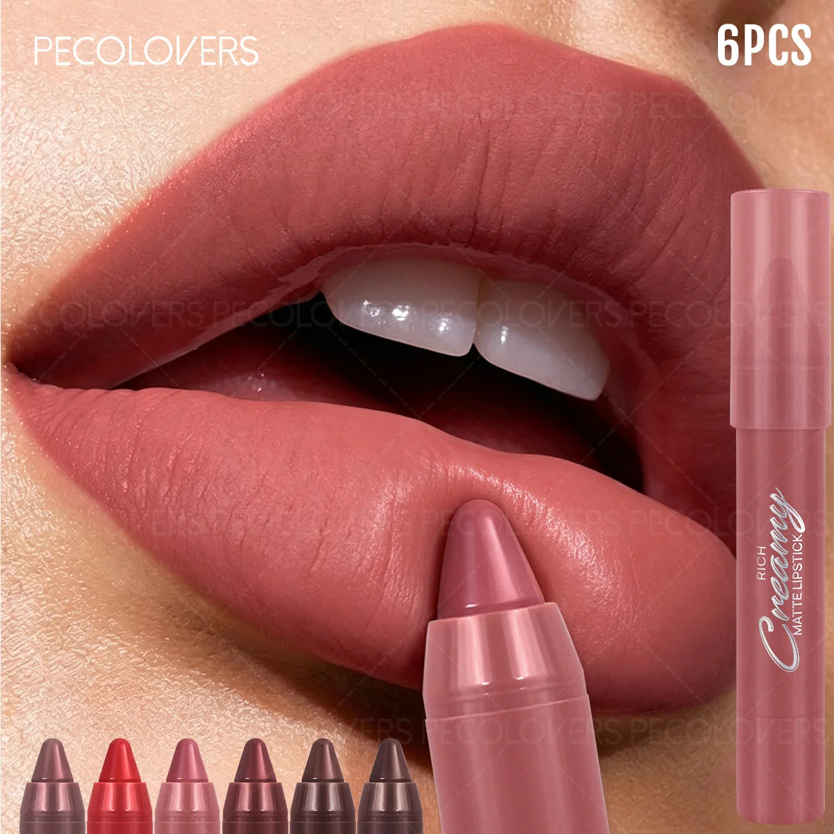 6-piece creamy matte lipstick kit with six everyday shades, silky lip crayons, and compact travel-friendly design
