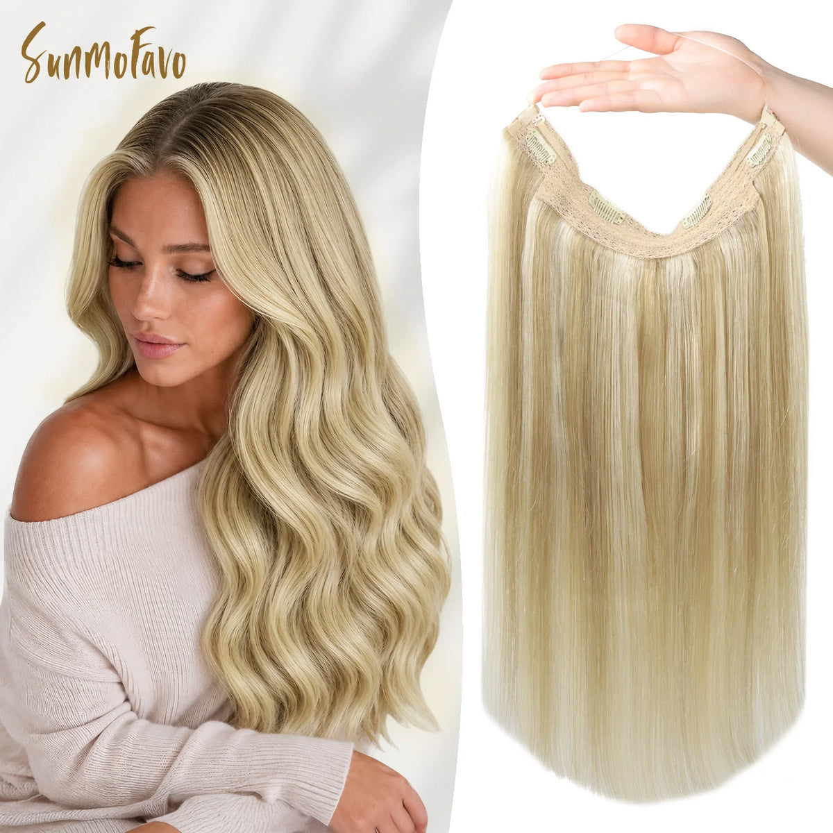 Sunmofavo Halo hair extensions in golden blonde with transparent wire and four anti-slip clips for added volume