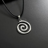 Vintage spiral vortex pendant necklace with hand-woven leather rope, boho goth jewelry for women, featuring a unique Y2K design.