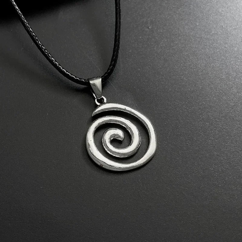 Vintage spiral vortex pendant necklace with hand-woven leather rope, boho goth jewelry for women, featuring a unique Y2K design.
