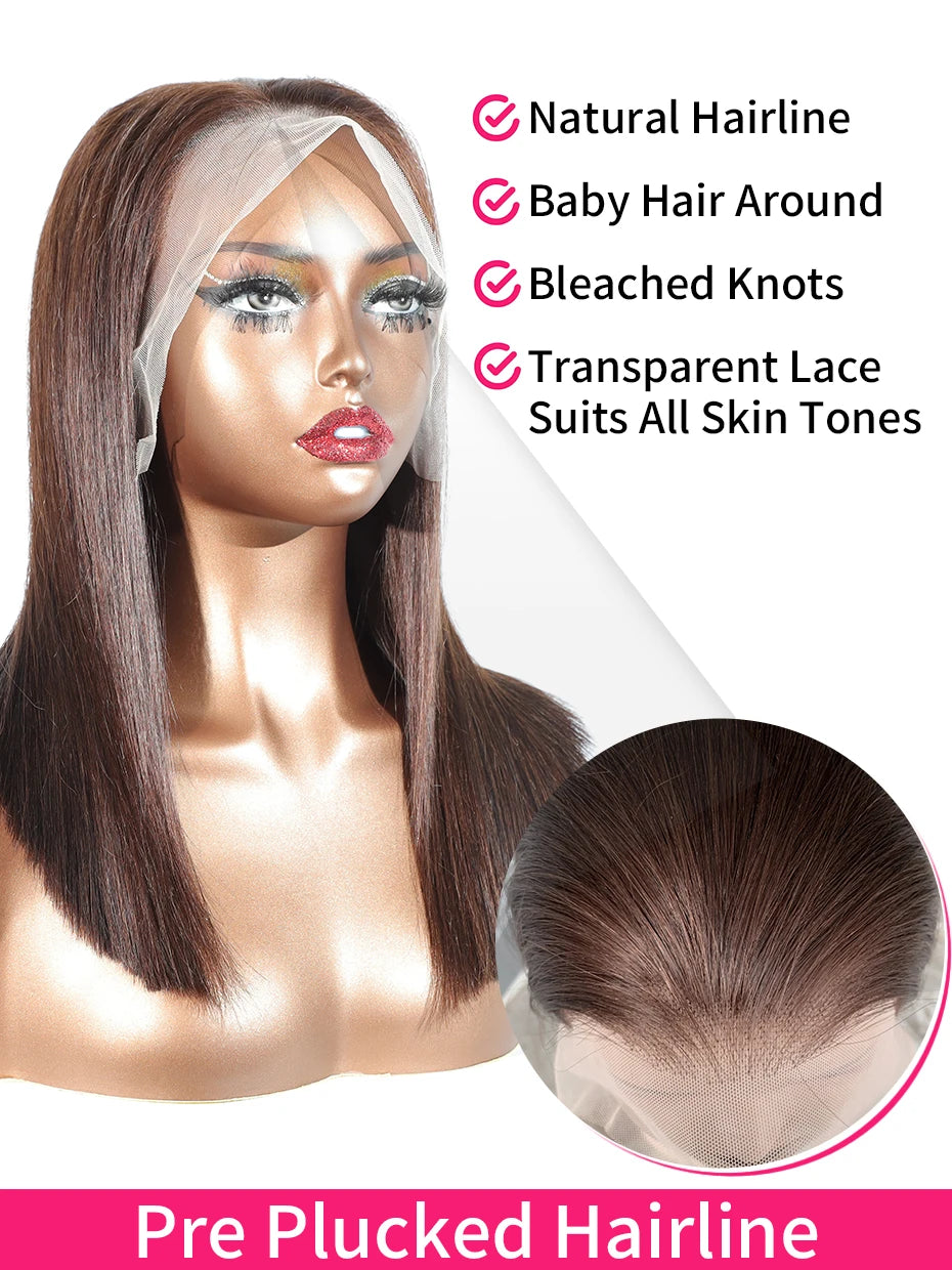 #2 brown chocolate 250 density raw Vietnamese human hair 13x4 lace frontal bob wig with double-drawn hair