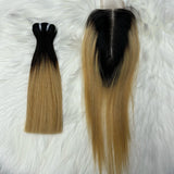 Two 6-inch lace closure and 8, 10-inch colored Vietnamese human hair bundles with ombre Remy hair extensions, double drawn for fullness